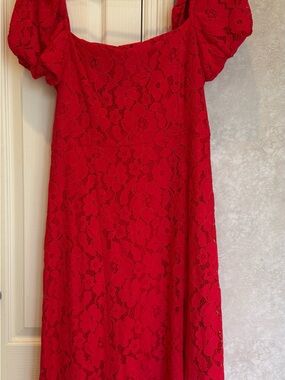 Francesca's Collections Red Lace Puff-Sleeve Midi Dress